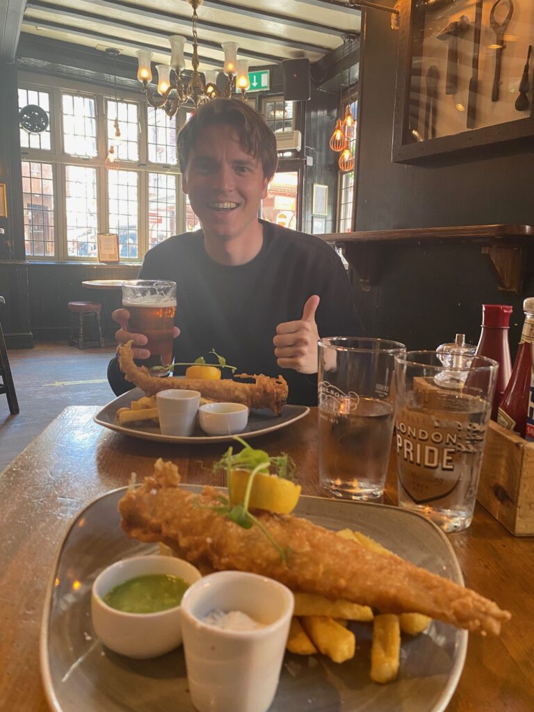Eating fish and chips in london